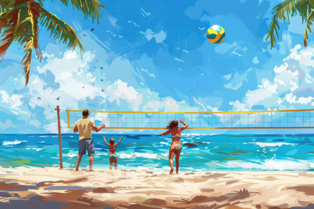 Mom dad and children play with a ball on the seashore on the beach. Watercolor drawingの素材