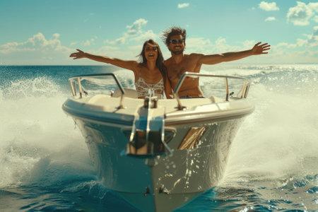 A man and a woman are sailing on a boat on the sea, laughing and having fun, arms outstretched. Summer adventure.の素材