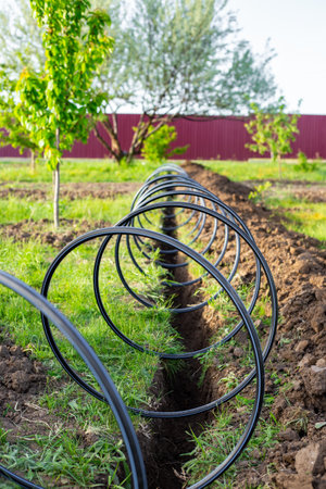 Carrying out drip irrigation in the garden. A ditch dug in the ground for laying the irrigation pipe.の写真素材