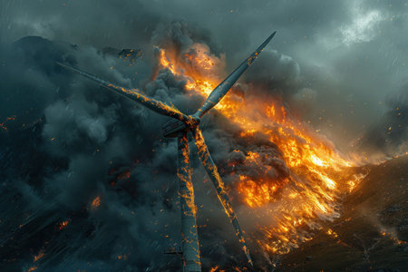 Fire at wind turbine station. Propeller blades engulfed in flames. Renewable energy.の素材