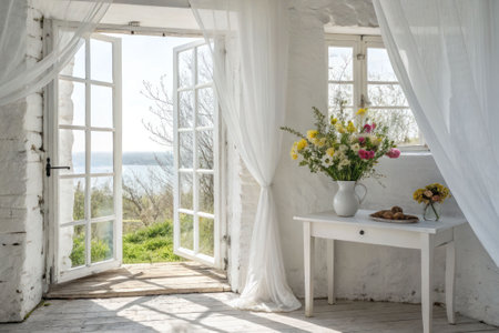 Open glass door on the veranda of an old house with transparent tulle a vase of flowers on the table on a spring day.の素材