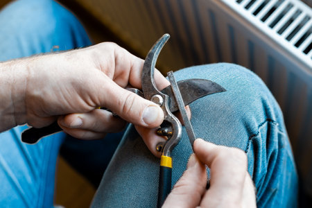 A man sharpens the blade of a garden pruner with a file. Garden tools.の写真素材
