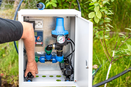 Installation of a drip irrigation system. A man installs an Automatic Water Supply Regulation System...