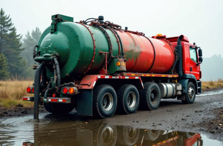 A sewage disposal truck sucks dirty water out of the sewer through a thick hose.の素材