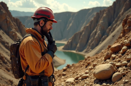 Working man miner in a helmet at a stone quarry. Development of rare earth materials mining.の素材