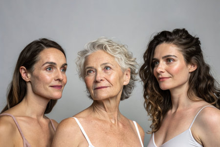 Three women of different ages stand next to each other, demonstrating the connection between generations. Women with a calm and confident expression, emphasizing the beauty at every age.の素材
