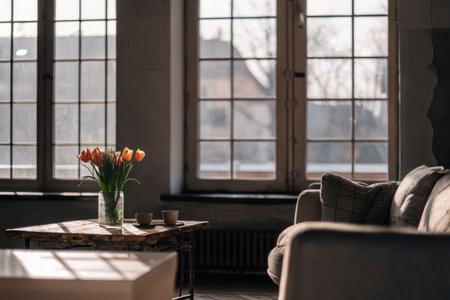 Sunlight pours through large windows onto a table with orange tulips and a comfortable sofa in the room. Awakening of spring.の素材