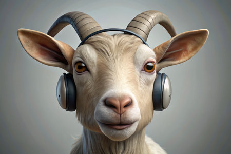Friendly goat with horns and headphones looking straight at the camera. Portrait of a musical goat on a gray background.の素材