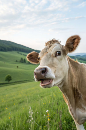 A cow with big bulging eyes and an open mouth in surprise on a green lawn, looking at the camera.の素材