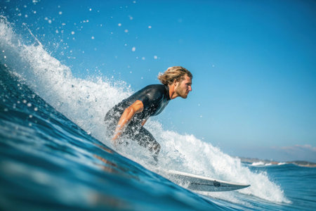 A surfer rides the waves in the ocean on a sunny day enjoying extreme sports.の素材