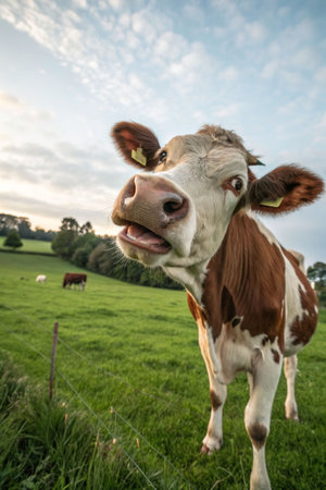 A cow with tags in her ears and her mouth open in surprise on a green lawn, looking at the camera.の素材