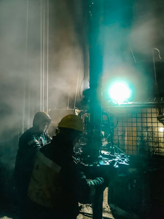 Two people working on a drilling rig in bright light and clouds of steam. Oil production. Mobile photo.の写真素材
