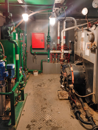 room with industrial oil pumping equipment and pipes.