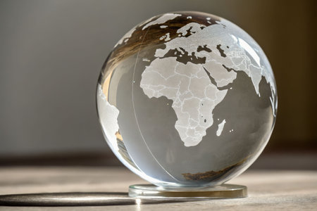 Transparent glass globe with continents focusing on Africa and Europe placed on reflective surface. Earth Day.の素材