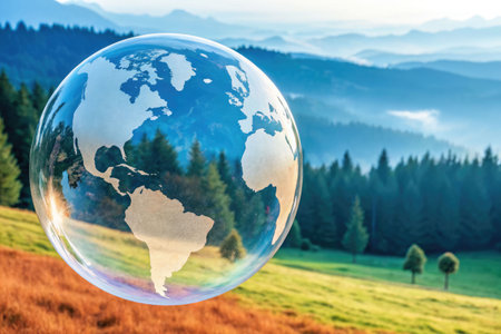 Transparent glass ball with continents of north and south america floating over green meadow with forest trees in background. Earth day.の素材