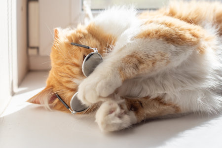Ginger cat in sunglasses covered his face with his paw, lies on the windowsill and sunbathes.の写真素材