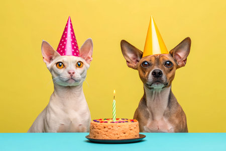 A cat and a dog in party hats sit quietly next to a small birthday cake, creating a touching atmosphere.の素材