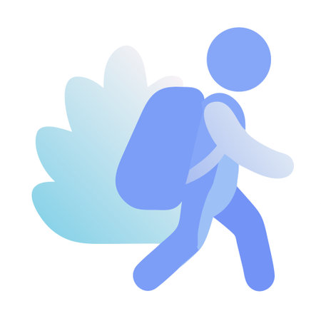Minimalistic icon of a person with a backpack in blue tones symbolizing travel.の素材