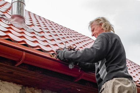 A man on a ladder clears leaves from the gutter of a house with a red tile roof.の写真素材
