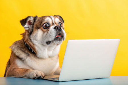 A pug dog looks at a laptop screen with a comical, shocked expression.の素材