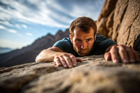 A determined man with a beard is captured mid-climb on a rocky slope, his hands gripping a rock.の素材