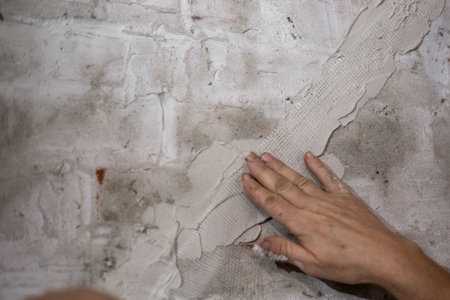 Close-up of worker smoothing mesh tape on freshly plastered brick wall to repair cracks.の写真素材
