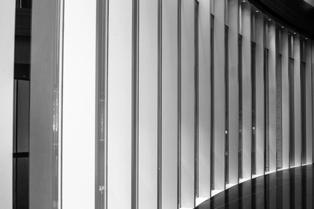 A minimalist black and white image of a curved wall with vertical slats creates a modern...