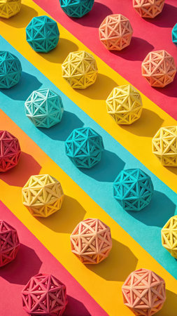 A dynamic geometric pattern featuring multicolored, multifaceted spheres set against a striped background creates a modern and appealing visual image.の素材