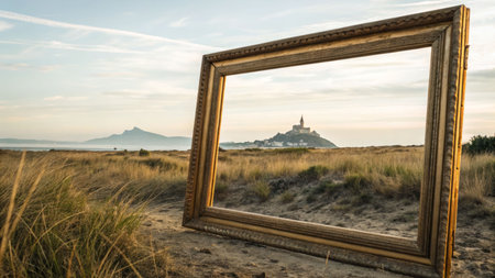 An elegant empty picture frame stands in a field, framing a stunning coastal view with a lighthouse and sea.の素材