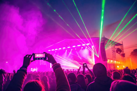 An enthusiastic crowd captures the electrifying atmosphere of a music concert under the bright lights and smoke effects on their phones.の素材