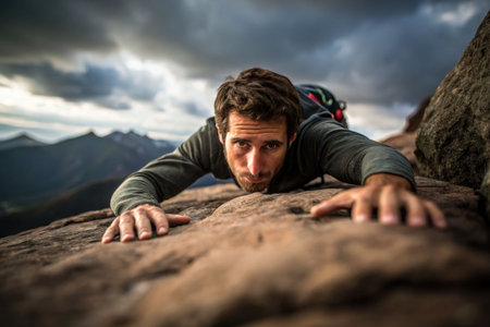 A determined man with a beard is captured mid-climb on a rocky slope, his hands gripping a rock.の素材
