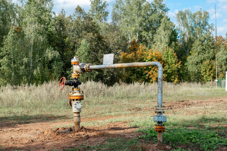 A gas pipeline valve sits in a field against a forest backdrop. Oil and gas industry.