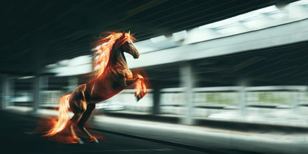 An enraged horse rears up, moving blurrily against a dark background, symbolizing speed and unbridled power.の素材