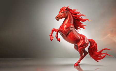 A vibrant red horse statue rises against a plain background, showing its powerful form and elegant design. Year of the Red Fire Horse.の素材