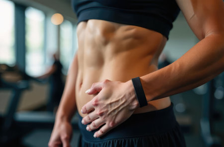 A woman with visible abdominal muscles in a sports bra at the gym. Fitness and sports.の素材