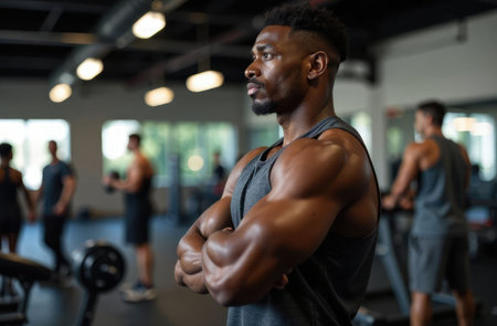 A muscular African American man at the gym demonstrates his physical fitness and dedication.の素材