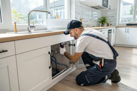 A plumber fixes a kitchen sink, working diligently in a bright, modern space.の素材