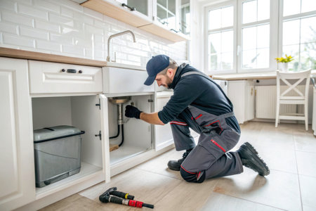 An experienced repairman fixes a kitchen sink with his tools. Plumbing services.の素材