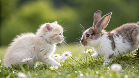 A fluffy white kitten and a small brown and white rabbit meet curiously in a sunny green field of daisies.の素材
