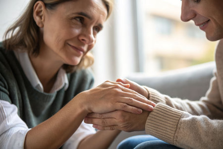 Two women holding hands with gentle smiles, empathy and friendly support.の素材