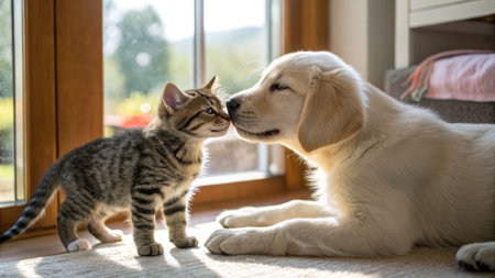 An adorable tabby kitten and a golden retriever puppy gently nuzzle in a sunny room, symbolizing friendship.の素材