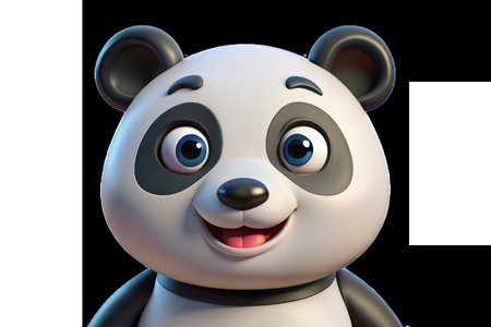 A cute and cheerful 3D cartoon panda character with black eyes smiles warmly at the viewer.の素材
