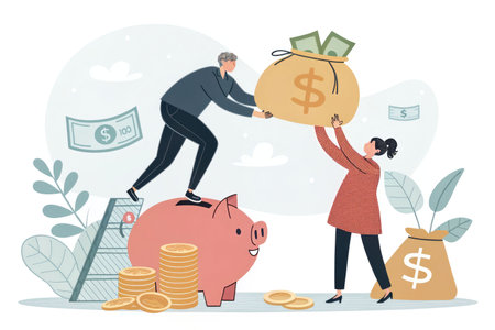 Two people save money together: one places a bag of money in a piggy bank, and the other stands on it, surrounded by coins and bills.の素材