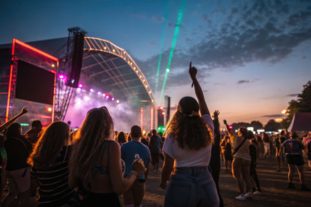 A vibrant crowd enjoys an outdoor music festival at dusk, illuminated by dynamic stage lights and laser beams.の素材