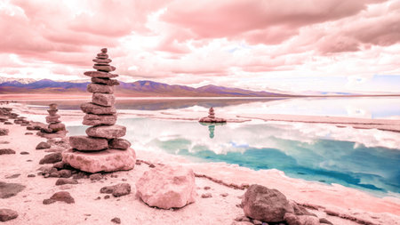 A cairn rises on the snow-covered shore of a lake, surrounded by pink mountains and turquoise water under a heavenly sky.の素材