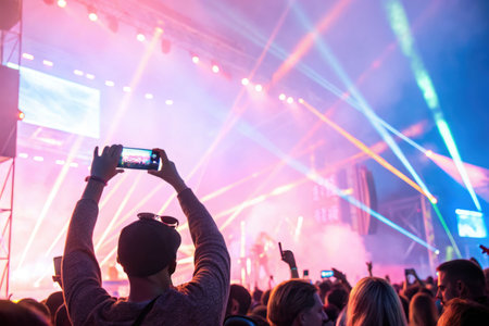 A concertgoer films a vibrant stage performance on their smartphone amidst a lively crowd.の素材