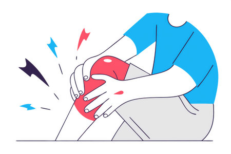 A man clutching his injured, reddened knee with visible signs of pain, acute injury from a fall.の素材