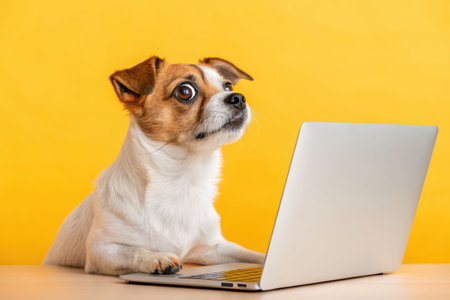 A surprised Jack Russell Terrier looks at a laptop screen against a bright yellow background.の素材