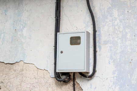 An electricity meter in a metal cabinet on the wall of an old house. Electricity and meter readings.