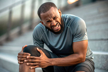 A man in athletic clothing suffers pain as he clutches his knee after being injured on a city staircase.の素材
